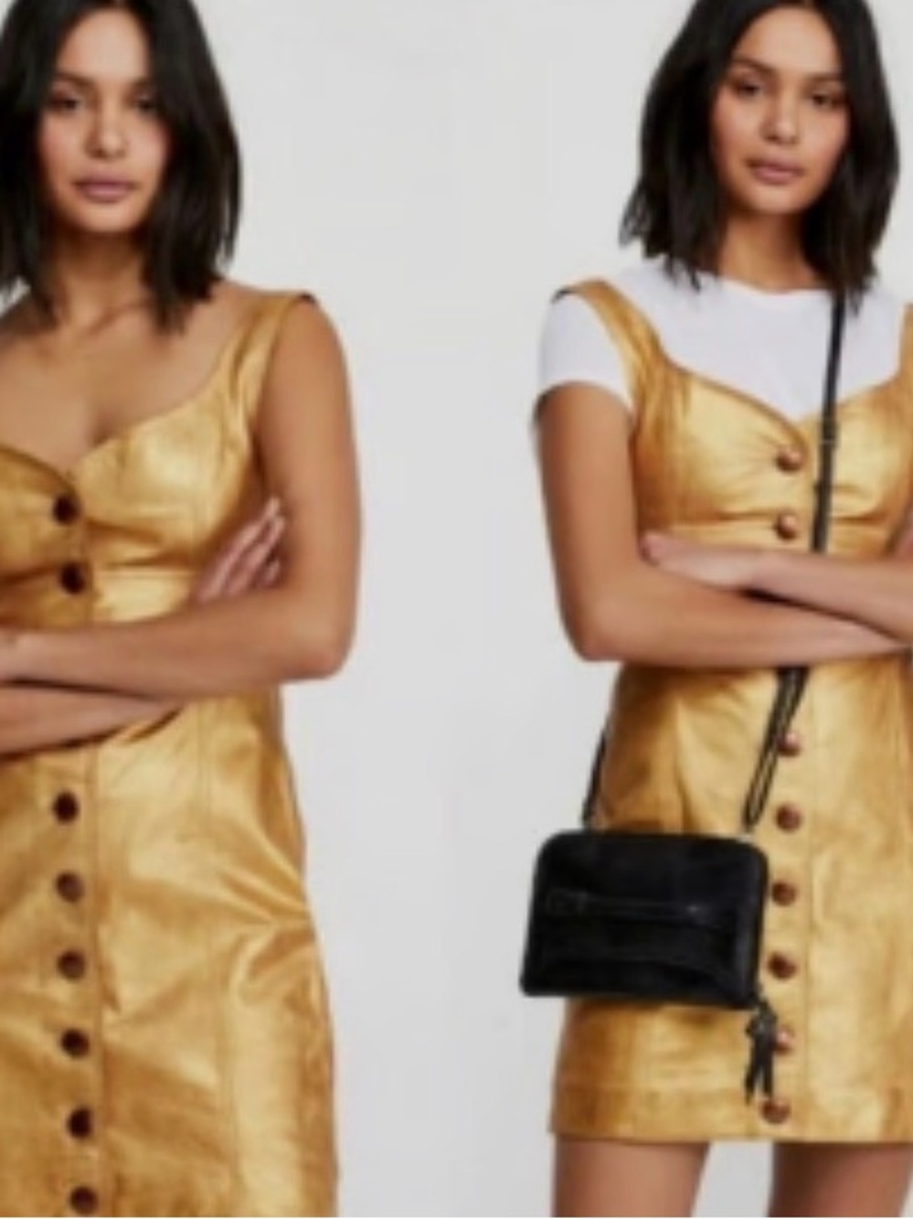 Free People Metallic Gold Button-Front Mini Dress